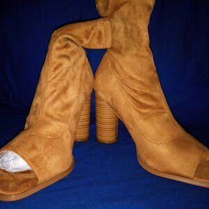 ALWAYS READY / COGNAC  Stylish Peep Toe  Ankle Boots Chunky Stacked  ( BRAND NEW